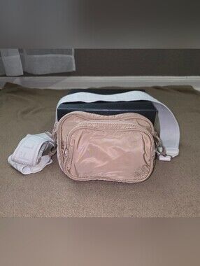 OFFLINE by Aerie Beige Small Crossbody Bag Zip Closure White Logo Strap